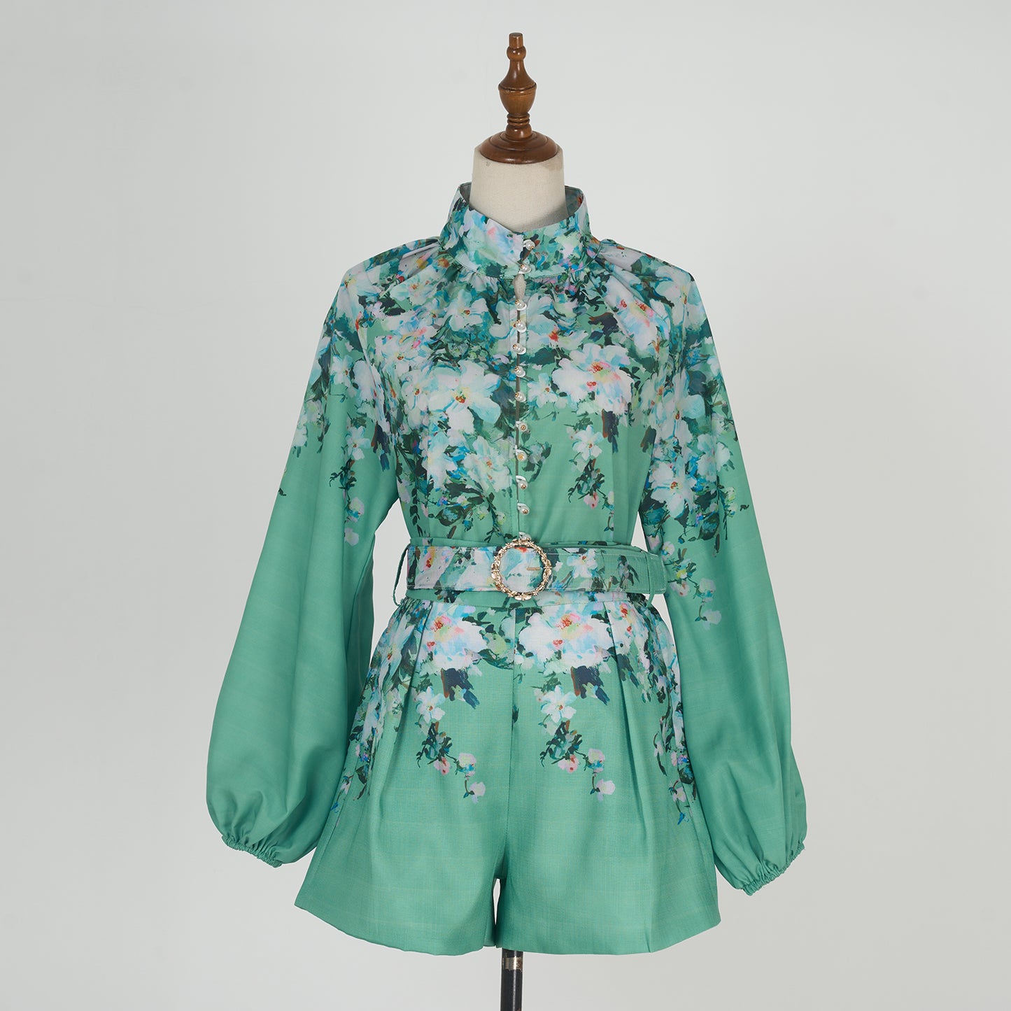 Standing Collar Shirt Elastic Waist Short Set