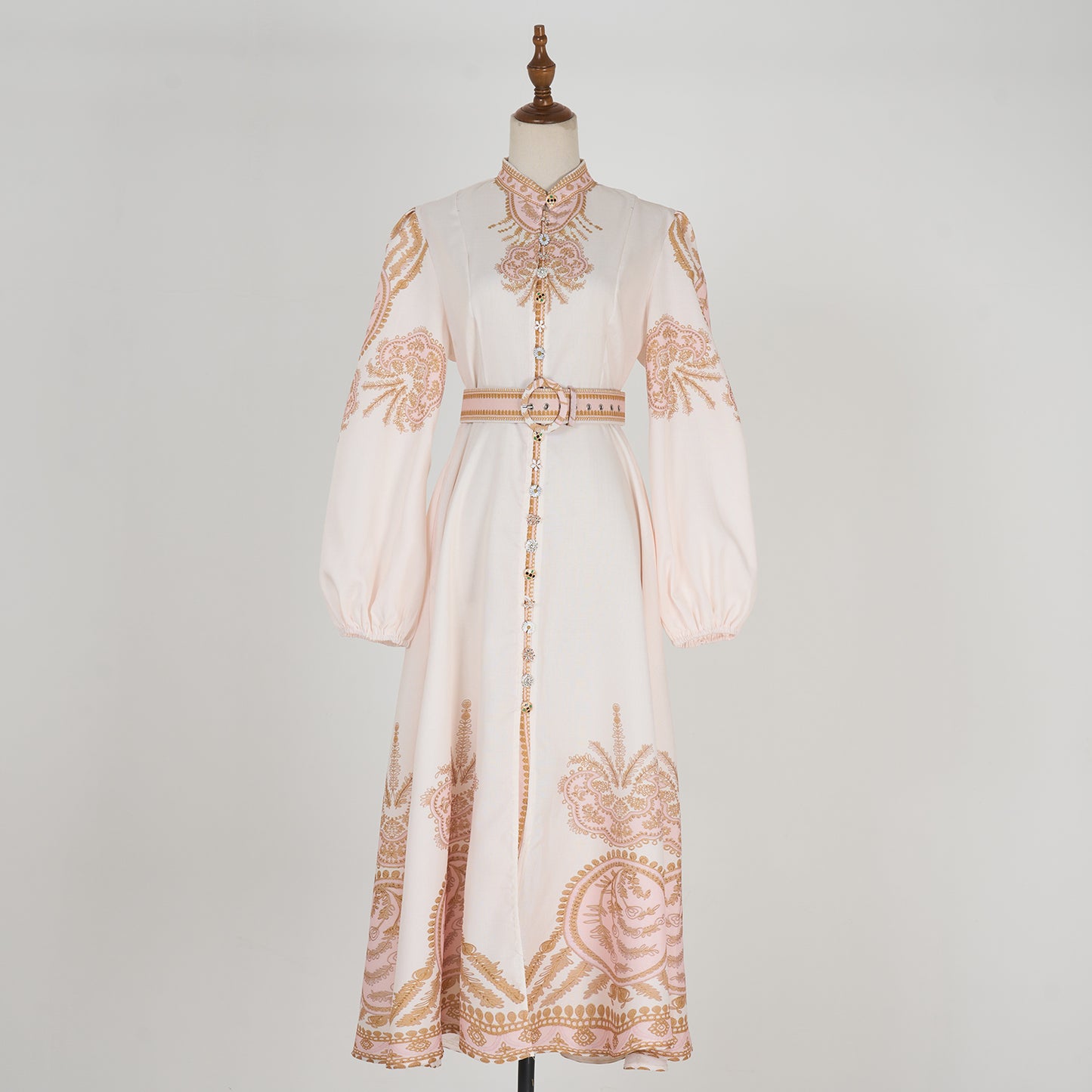 Stand Collar Printed Button Maxi Dress