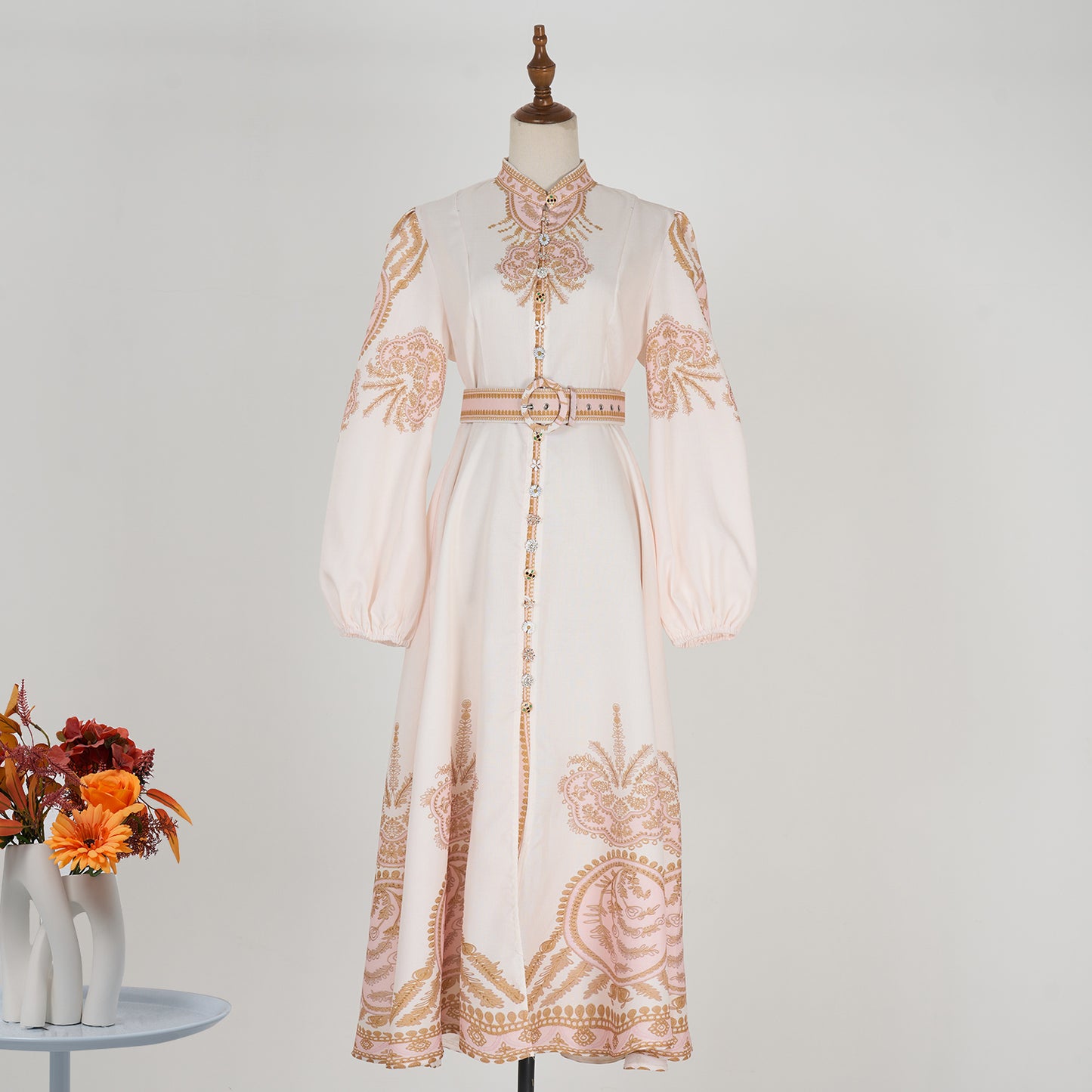 Stand Collar Printed Button Maxi Dress