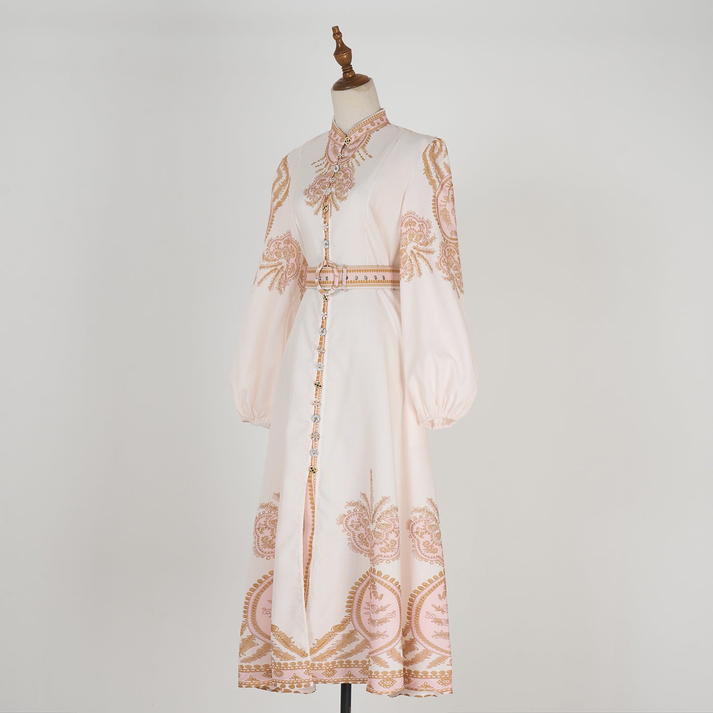 Stand Collar Printed Button Maxi Dress