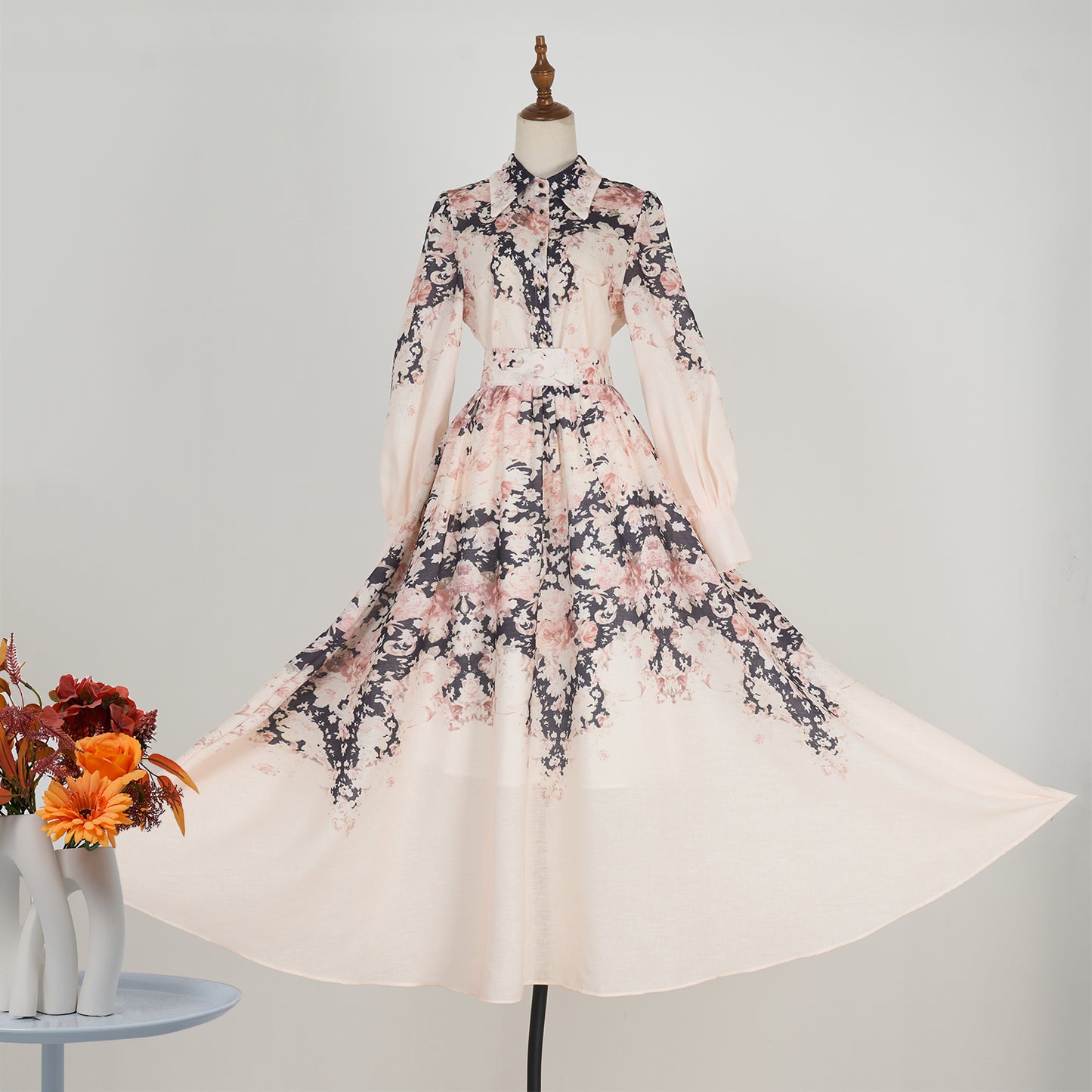 Flower Pattern Long Sleeve Blouse & Long Skirt Set