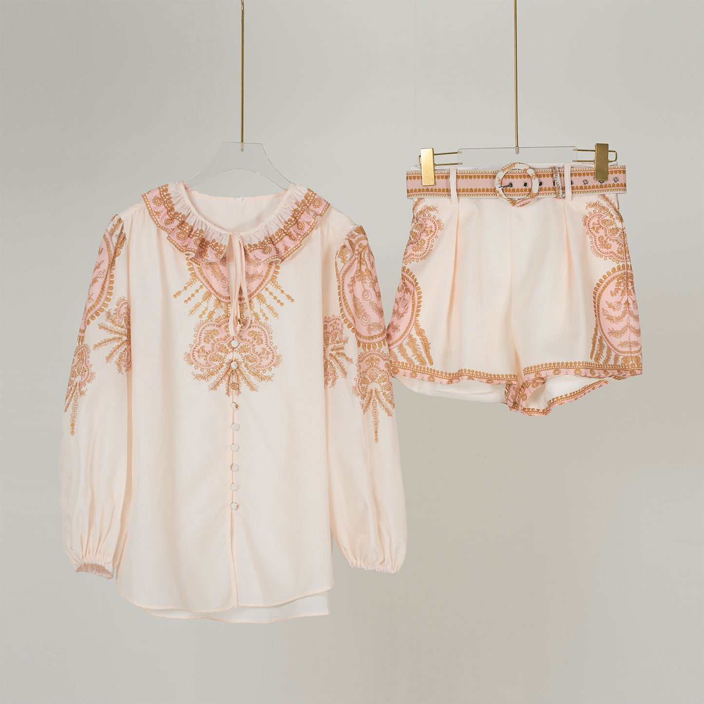 Loose Shirt With Ruffled Collar Elastic Waist Shorts Two Piece Set