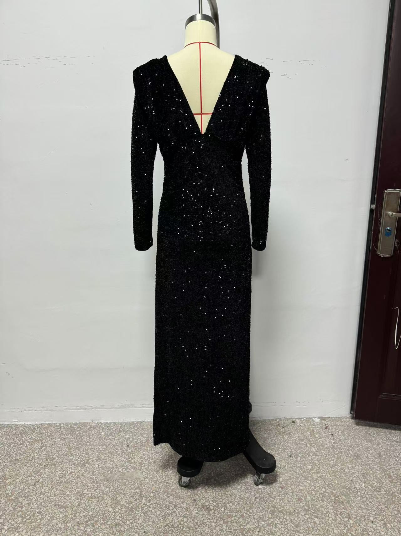 Sequin Black Padded Shoulder Dress