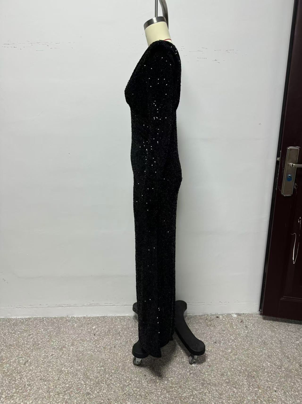 Sequin Black Padded Shoulder Dress