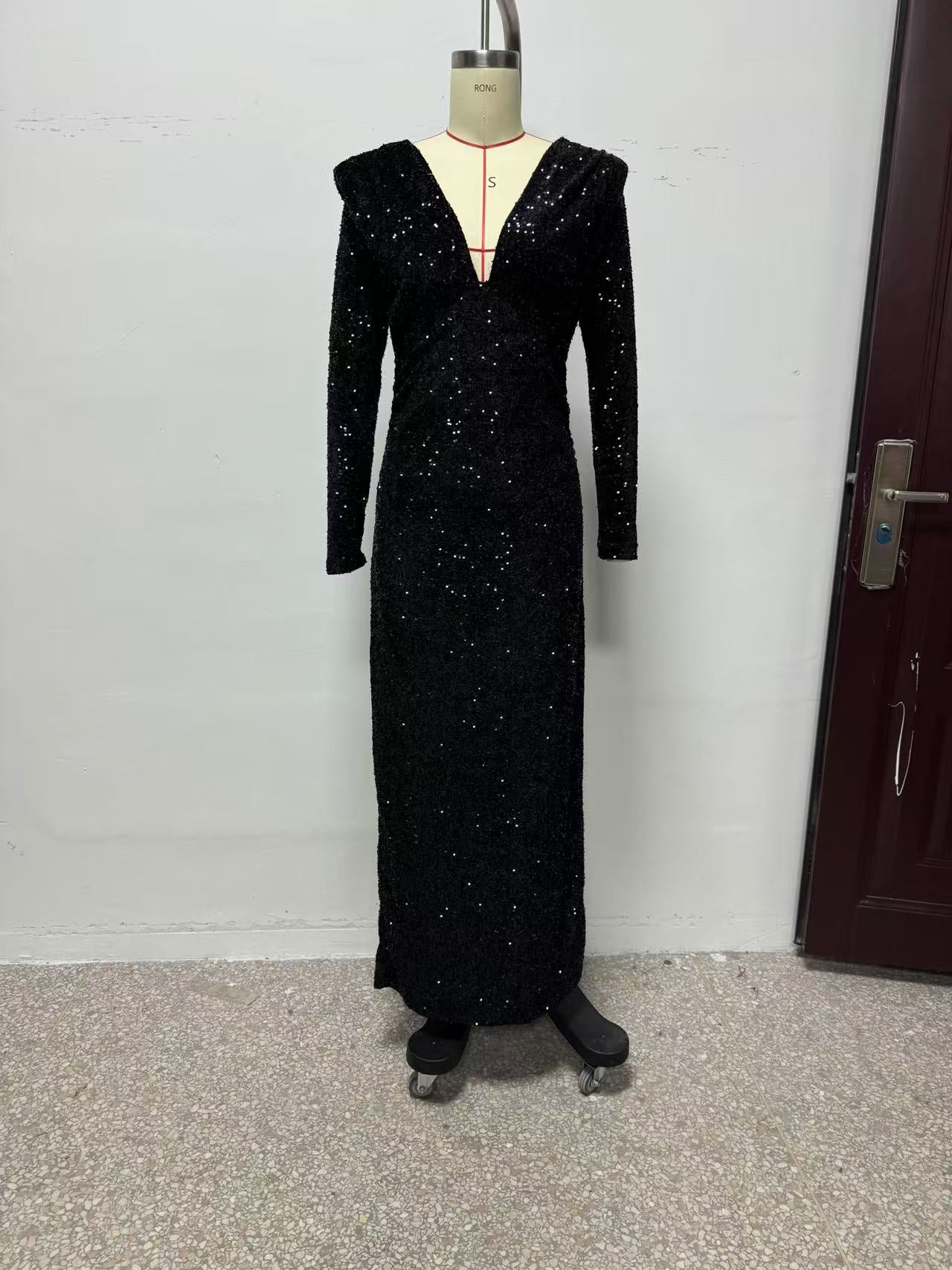 Sequin Black Padded Shoulder Dress
