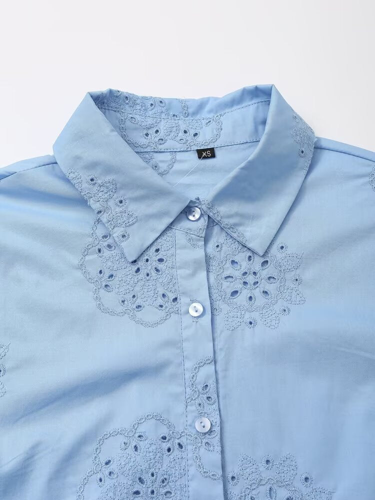 Women Clothing Top Product Embroidered Decorative Poplin Shirt
