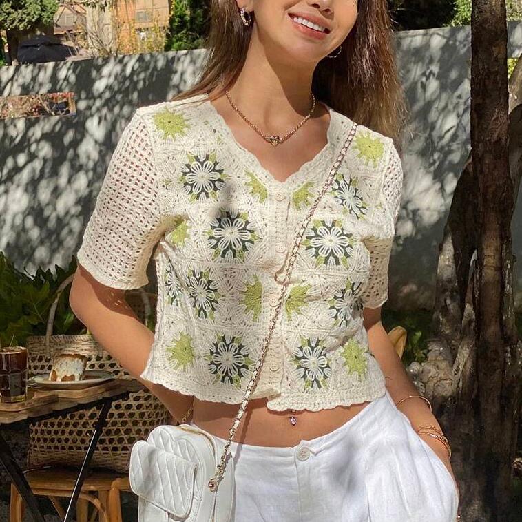 Crocheted V -neck Short Sleeved Knitted Top