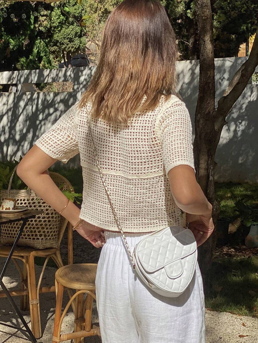 Crocheted V -neck Short Sleeved Knitted Top