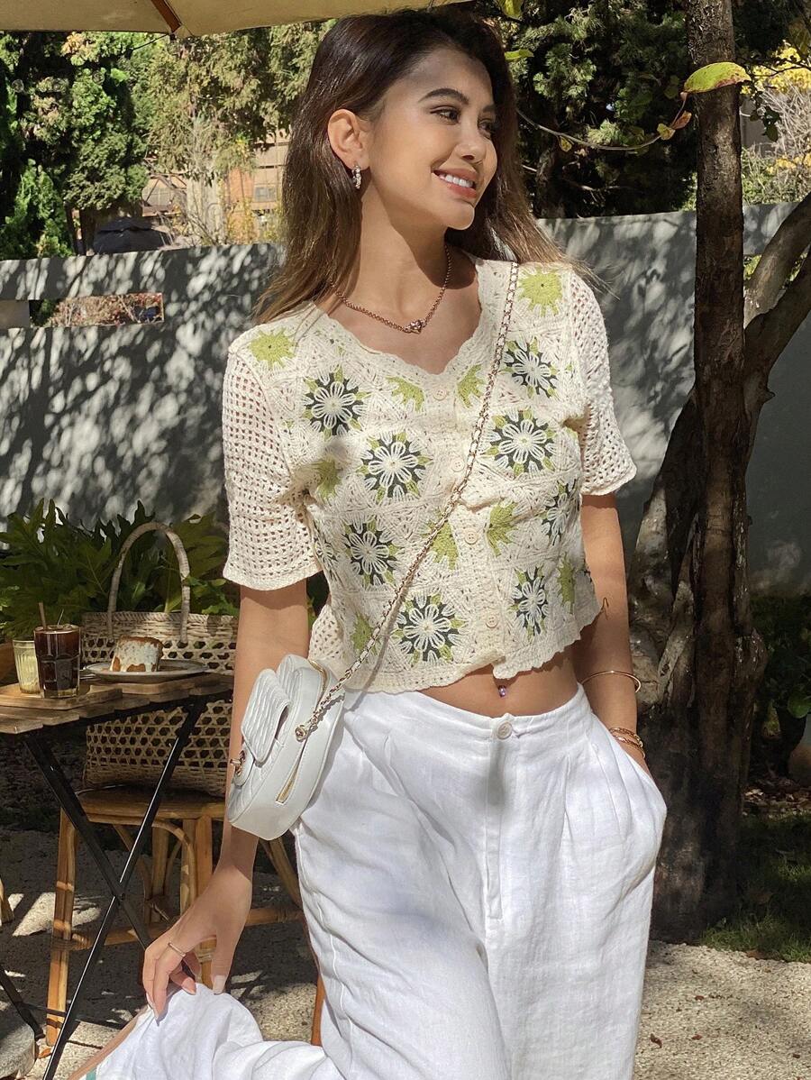 Crocheted V -neck Short Sleeved Knitted Top