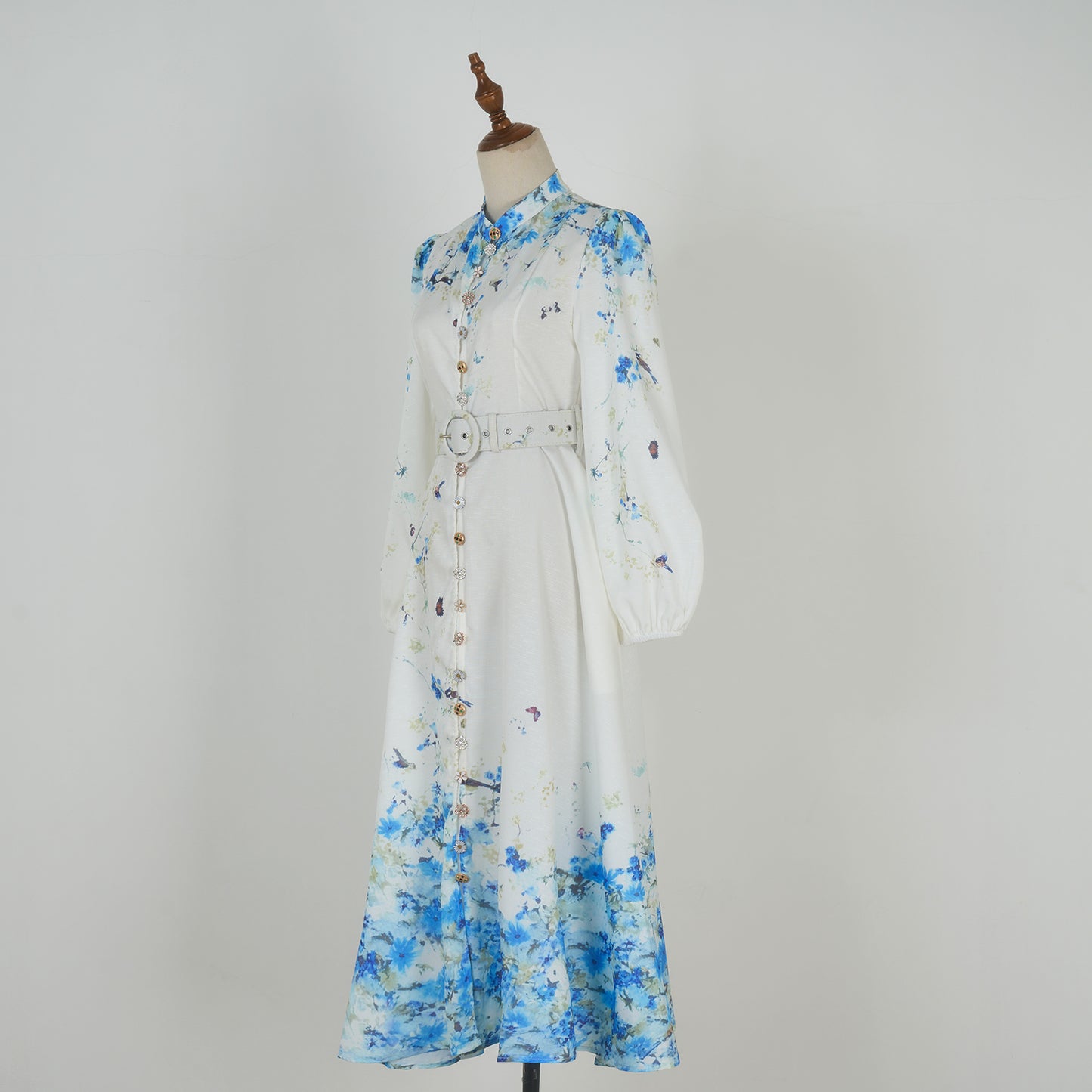 Bubble Long Sleeved Print Blue Flower Dress w/ Belt