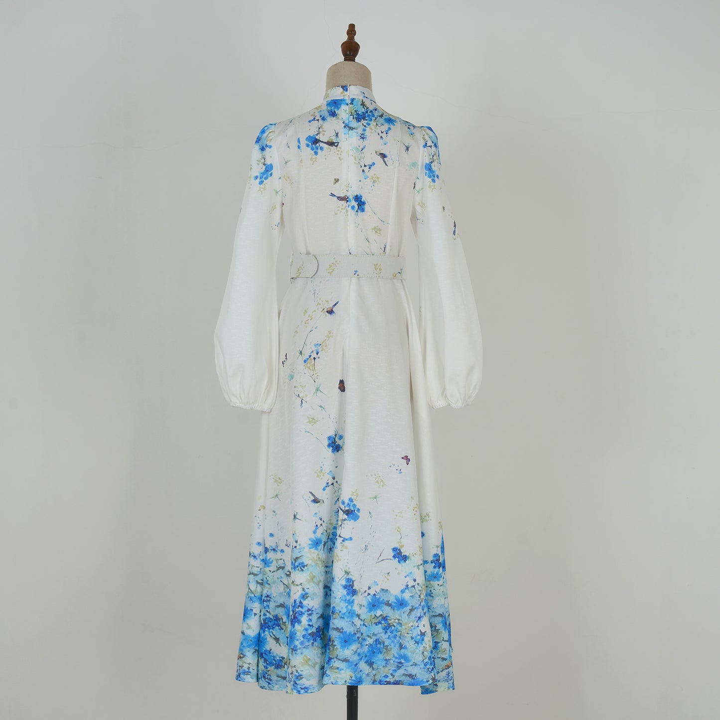 Bubble Long Sleeved Print Blue Flower Dress w/ Belt