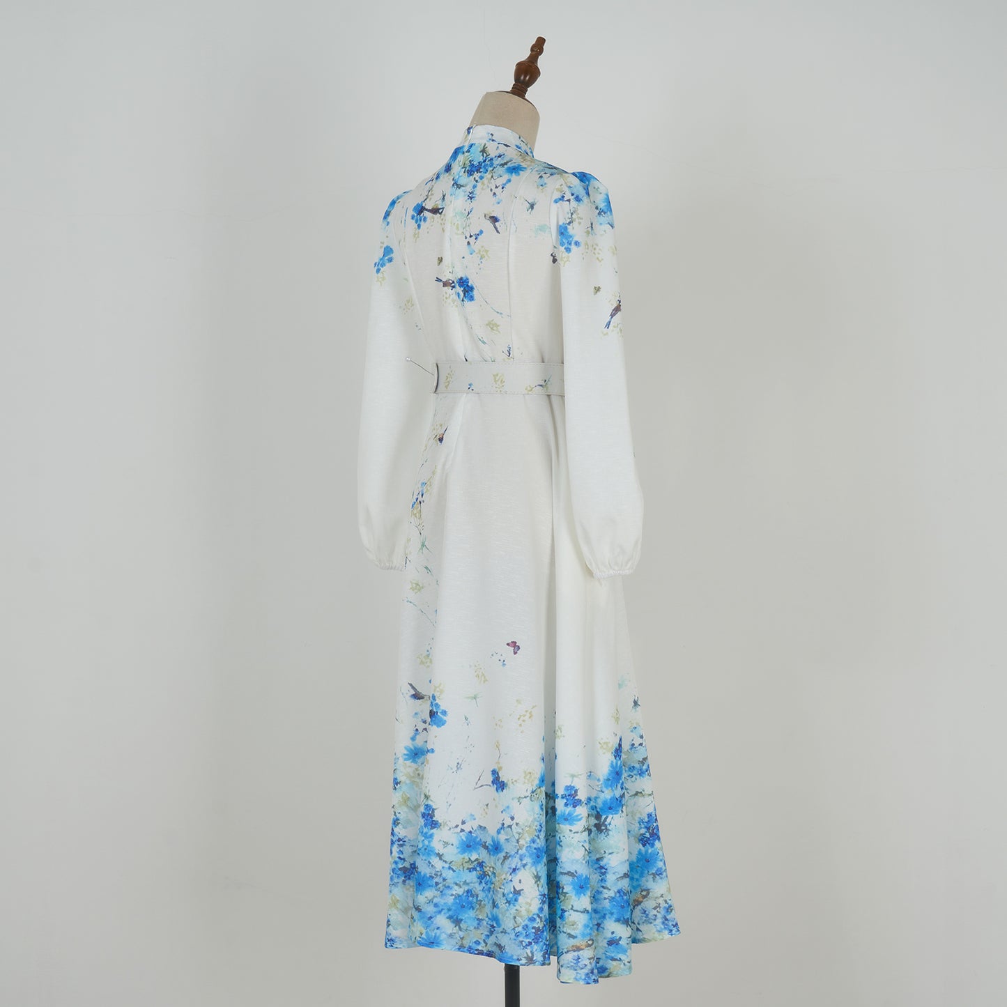 Bubble Long Sleeved Print Blue Flower Dress w/ Belt