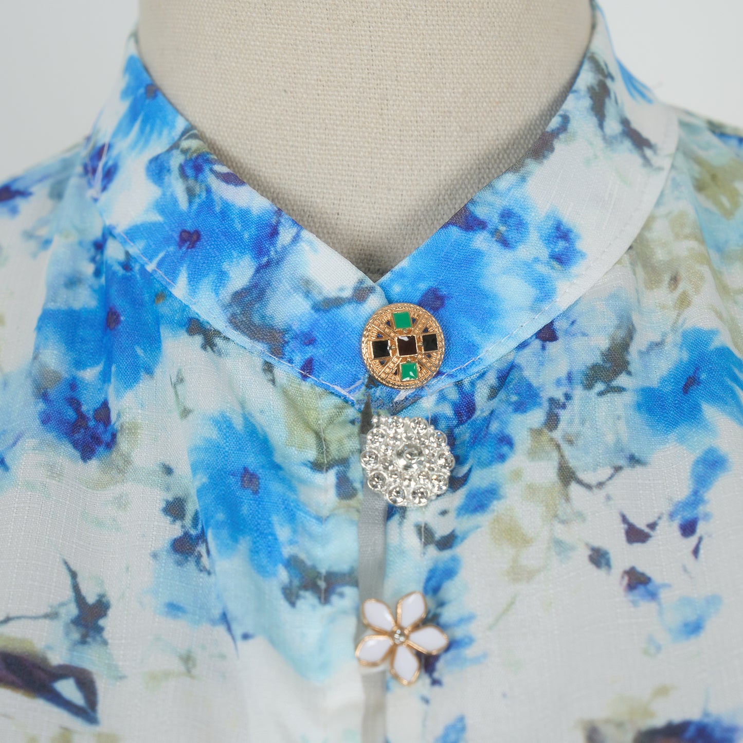 Bubble Long Sleeved Print Blue Flower Dress w/ Belt