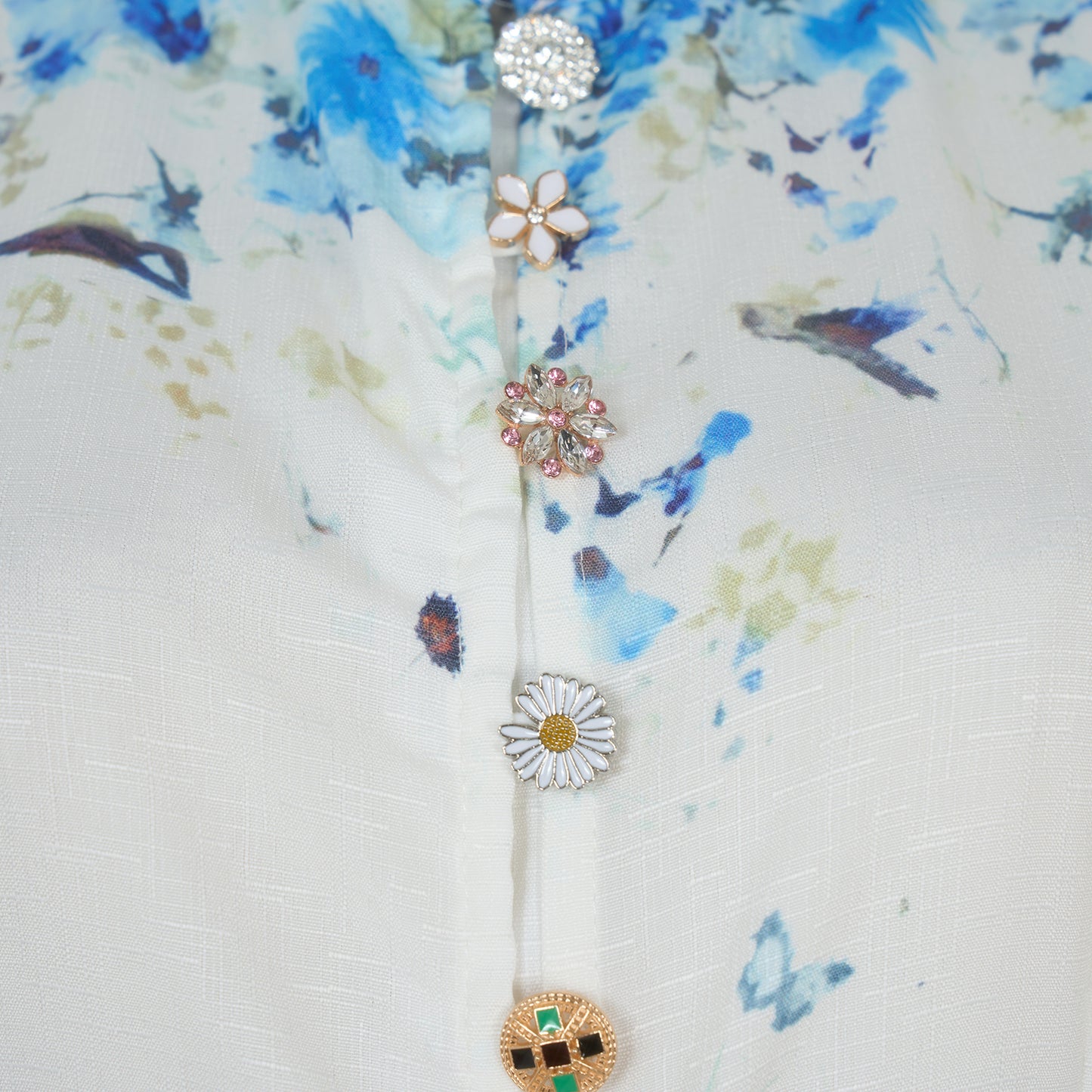 Bubble Long Sleeved Print Blue Flower Dress w/ Belt