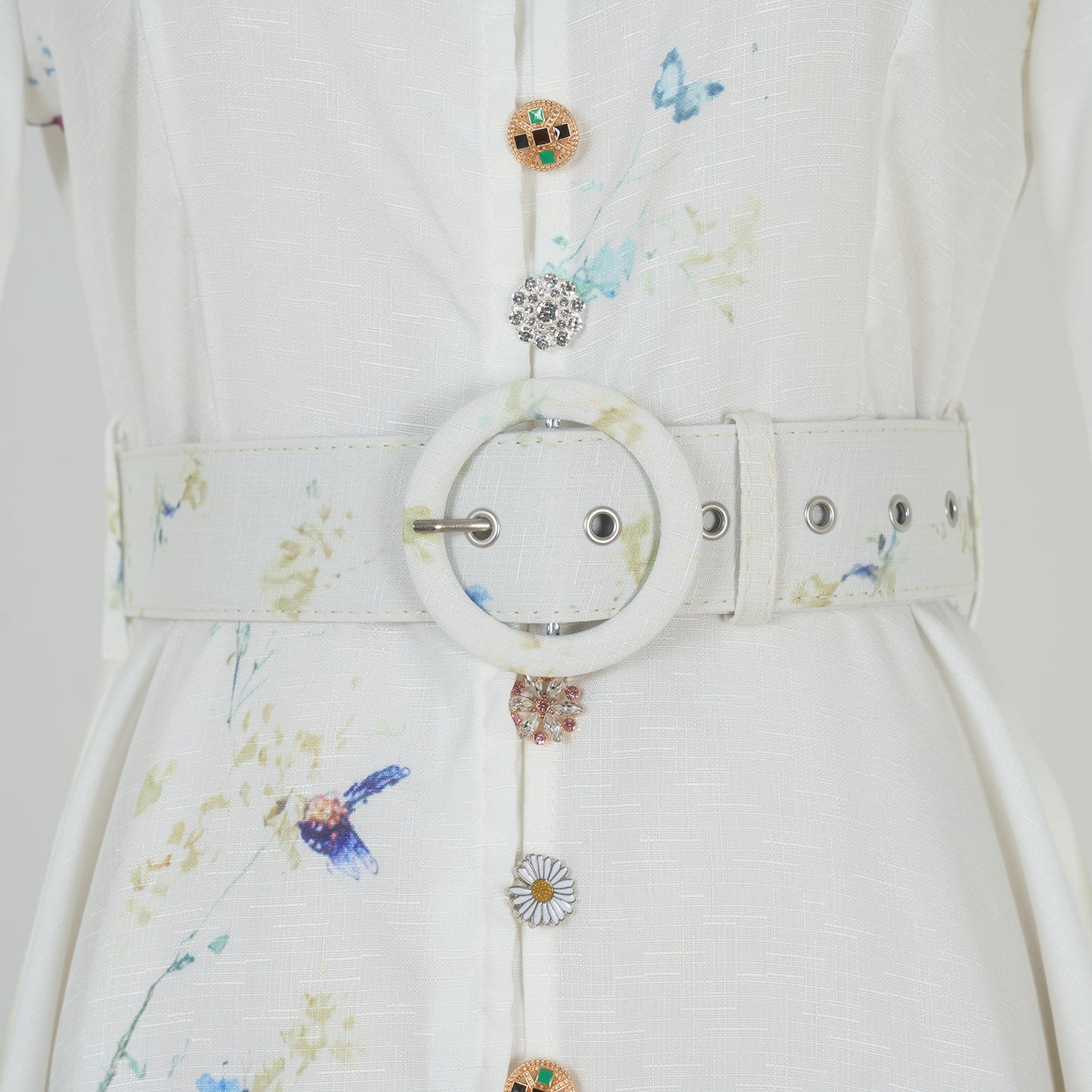 Bubble Long Sleeved Print Blue Flower Dress w/ Belt