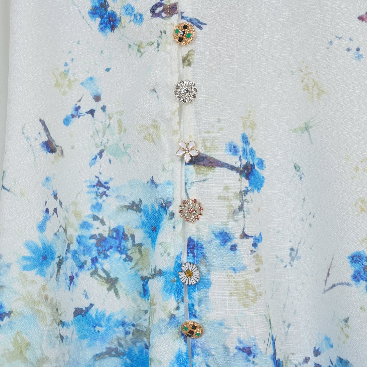 Bubble Long Sleeved Print Blue Flower Dress w/ Belt