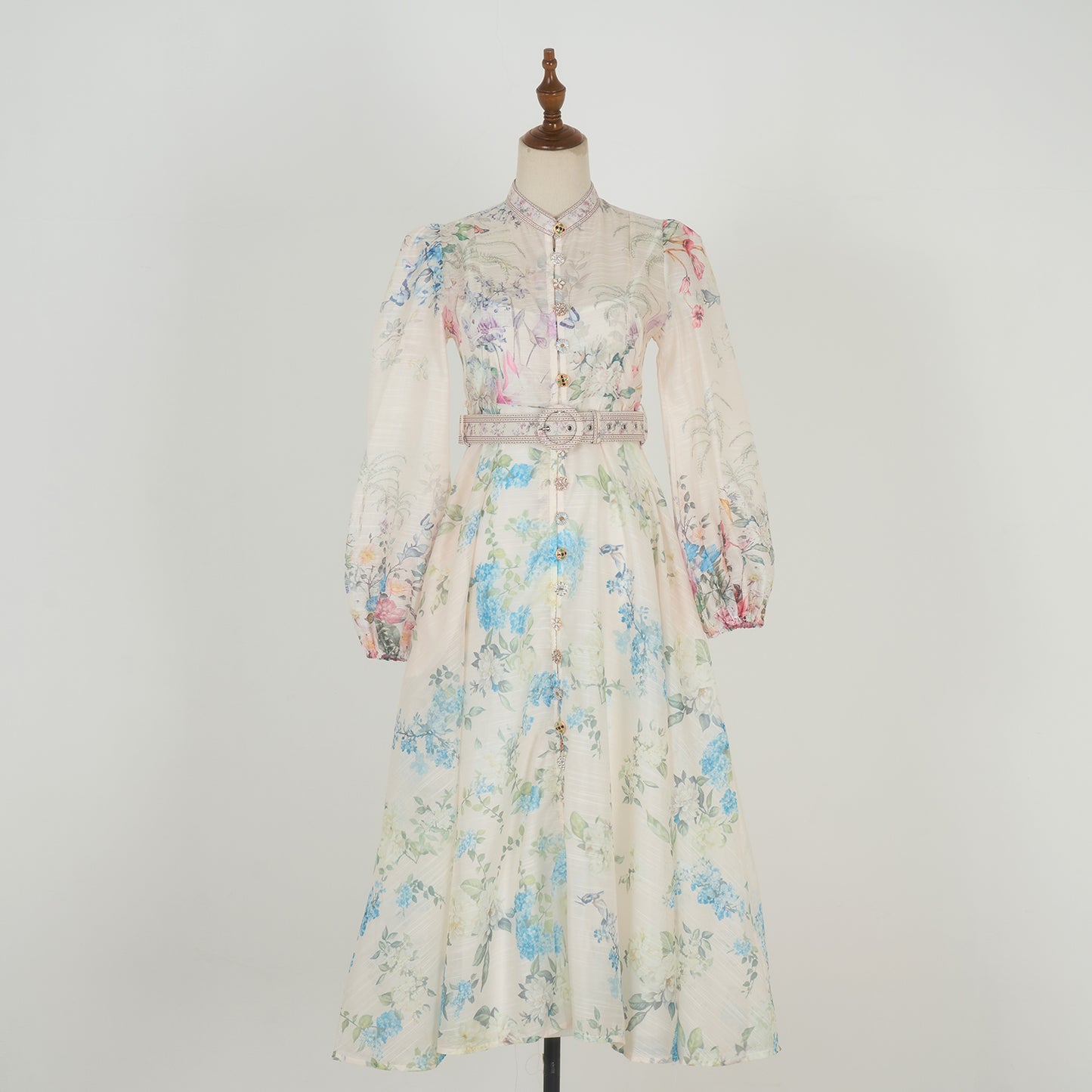 Graceful Stand-Up Collar Lantern Sleeve Dress w/ Belt