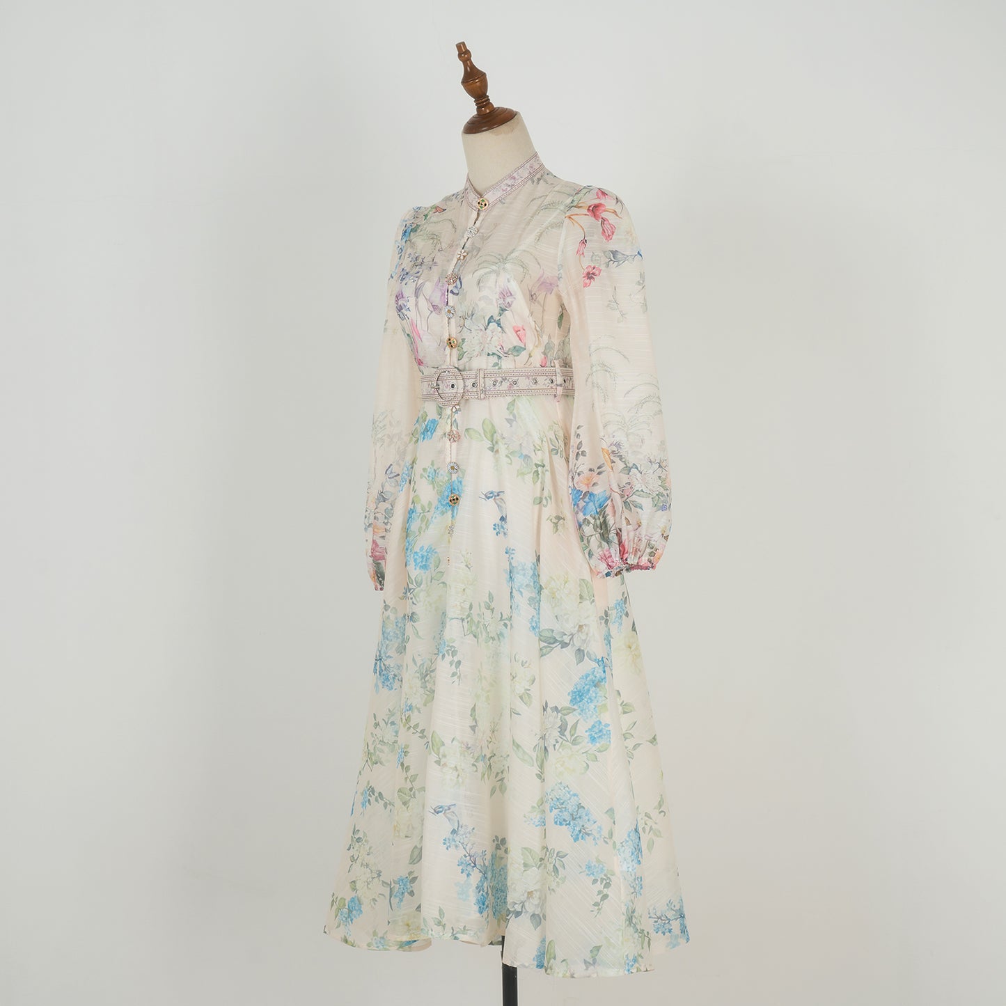 Graceful Stand-Up Collar Lantern Sleeve Dress w/ Belt