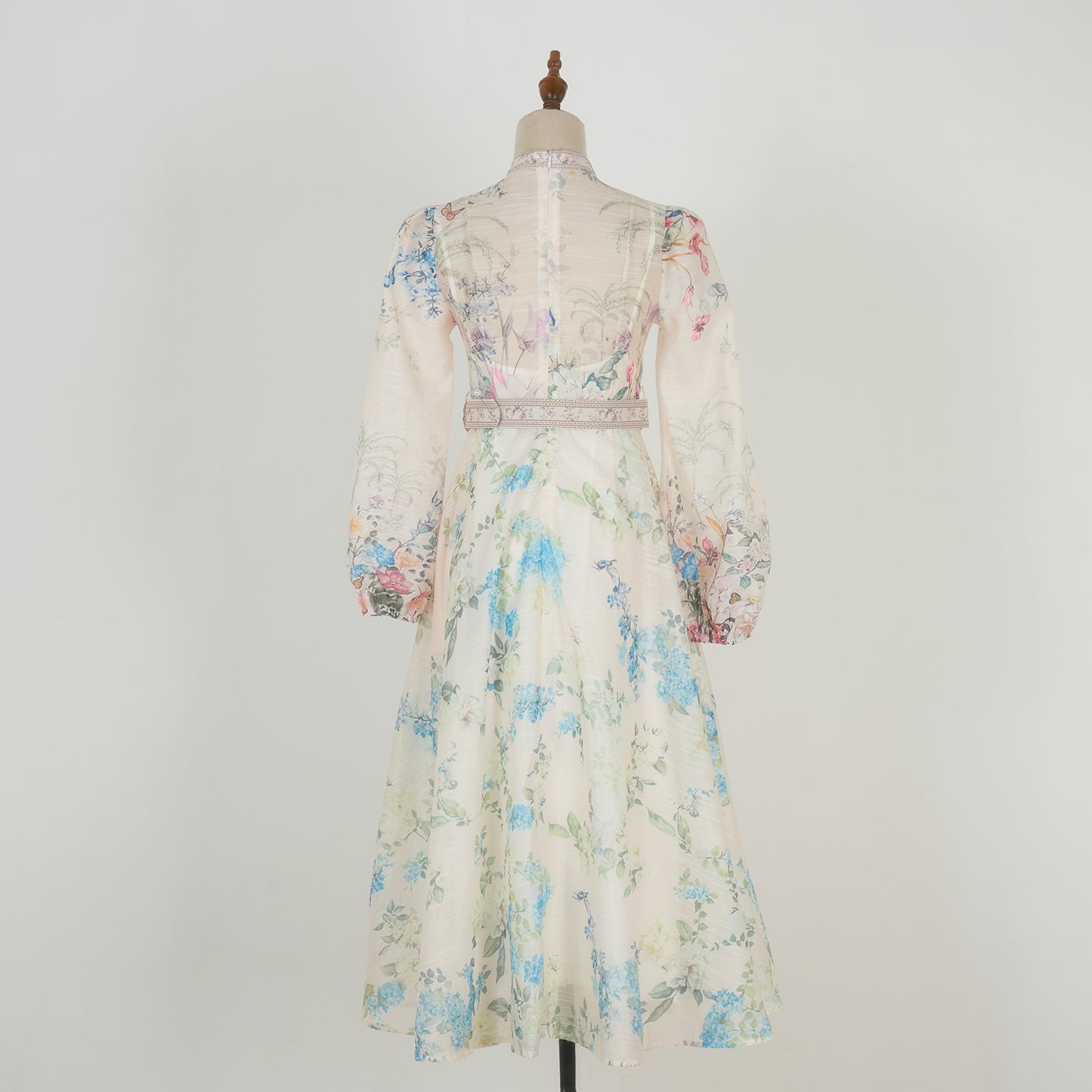 Graceful Stand-Up Collar Lantern Sleeve Dress w/ Belt