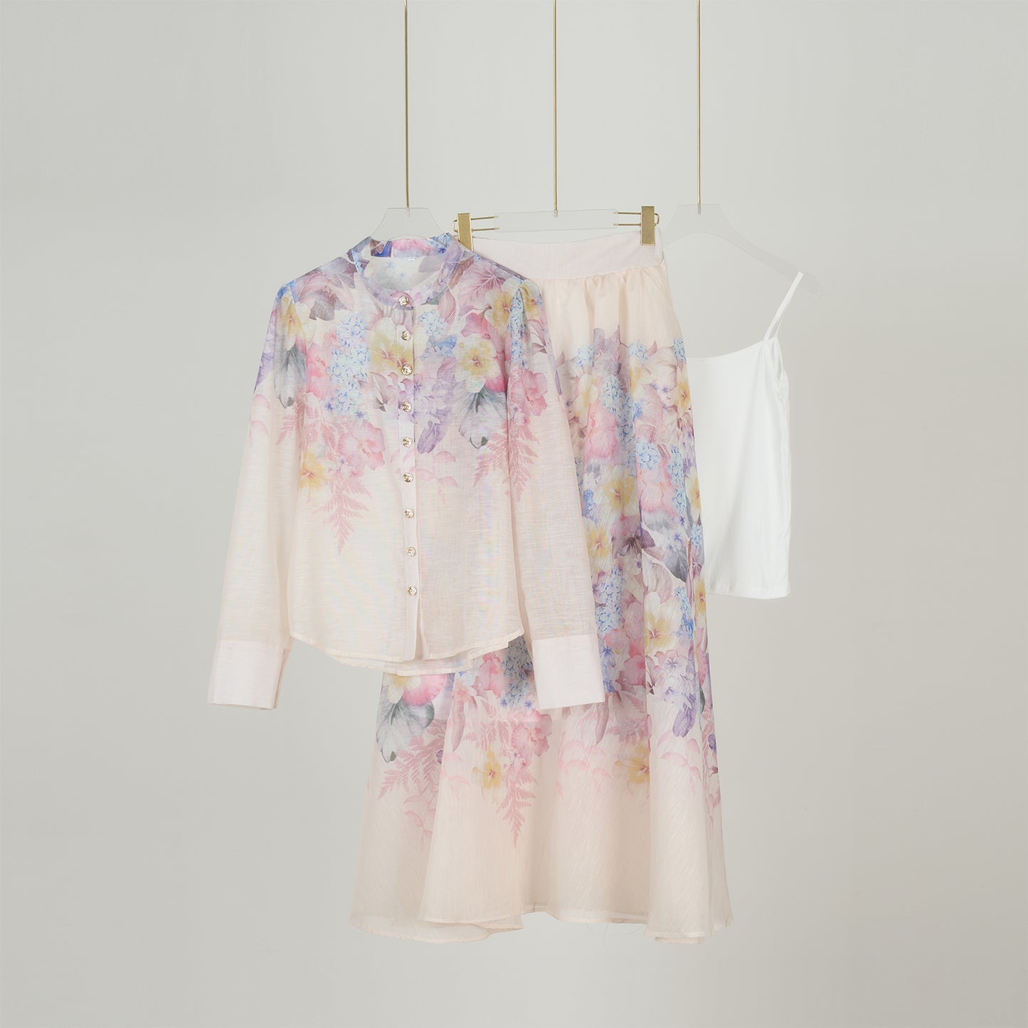 Long Sleeved Floral Printed Blouse & Skirt Set