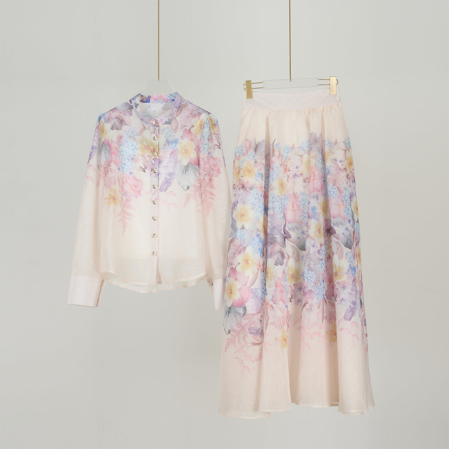 Long Sleeved Floral Printed Blouse & Skirt Set