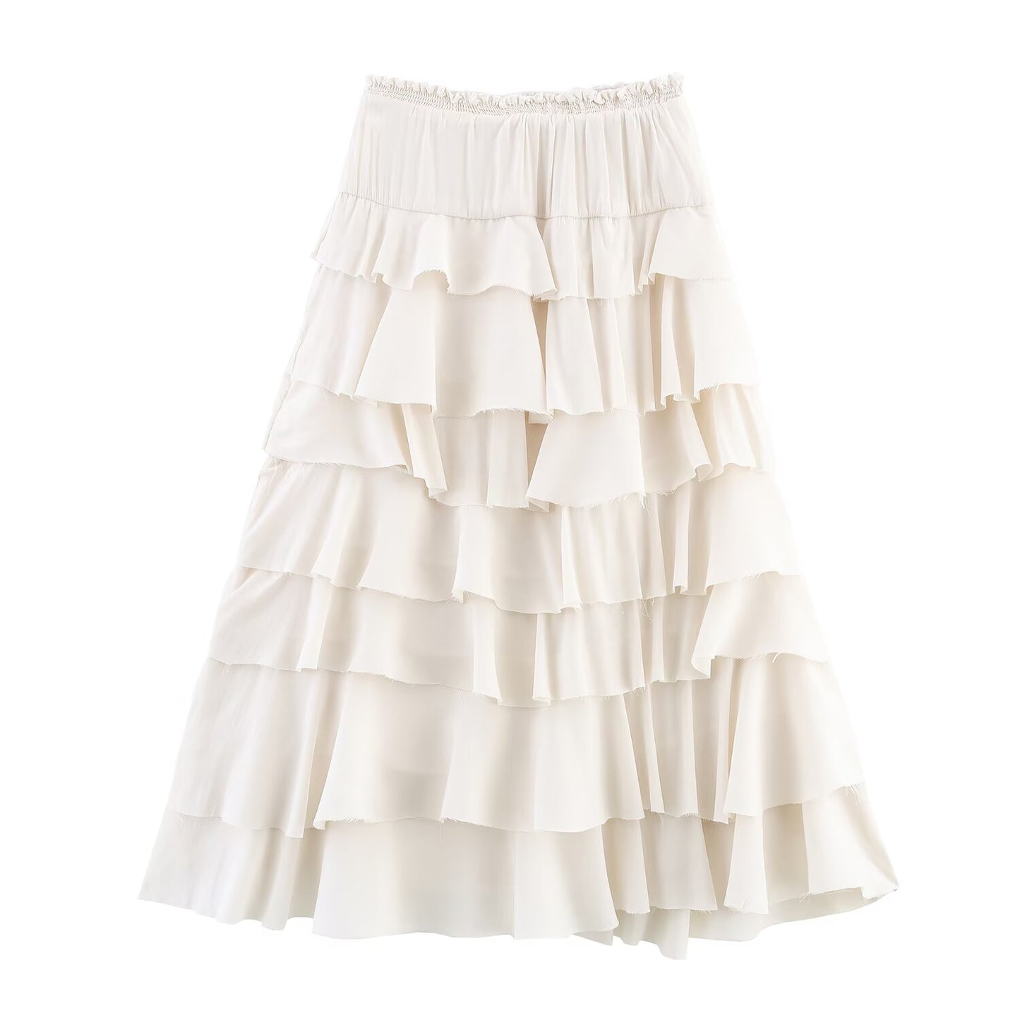 Ivory Tiered Mid Waist Midi Skirt
