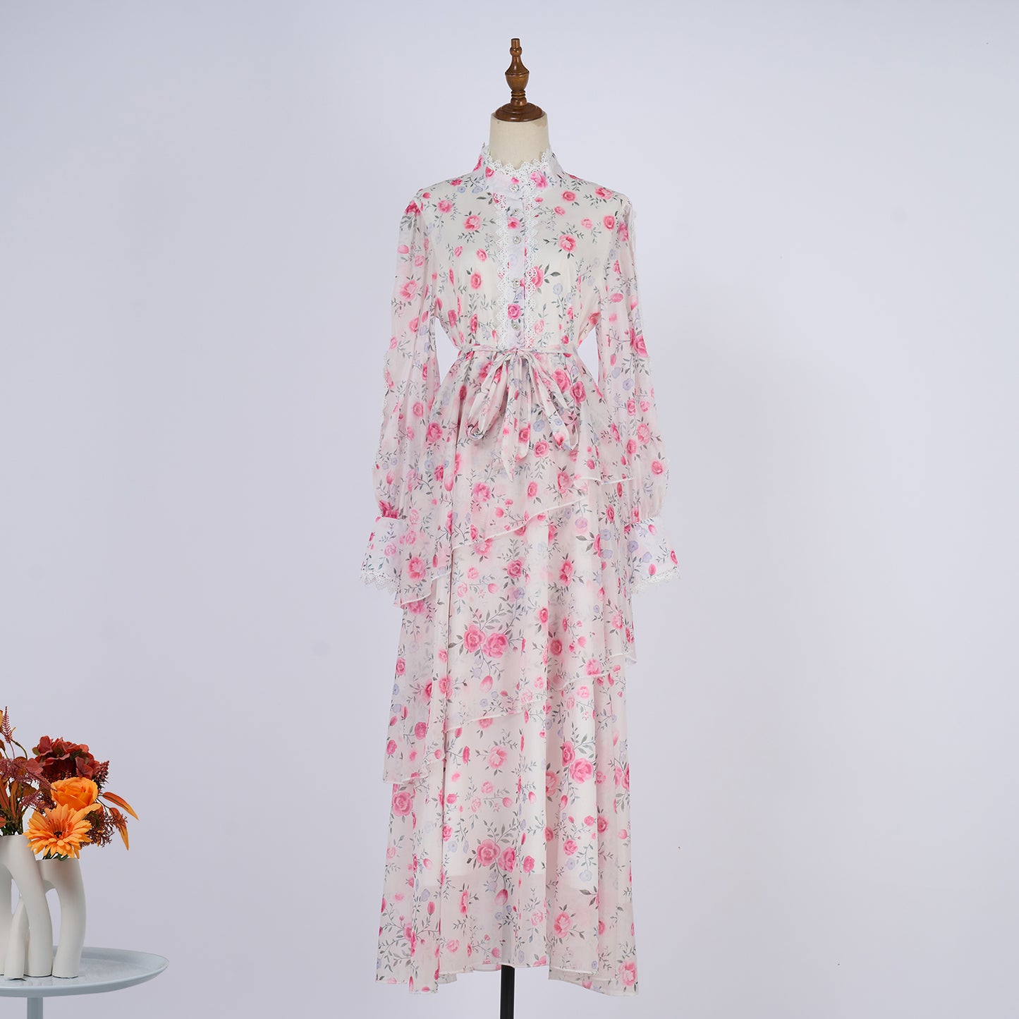 Long Sleeve Printed Buttons Of The Belt Dress