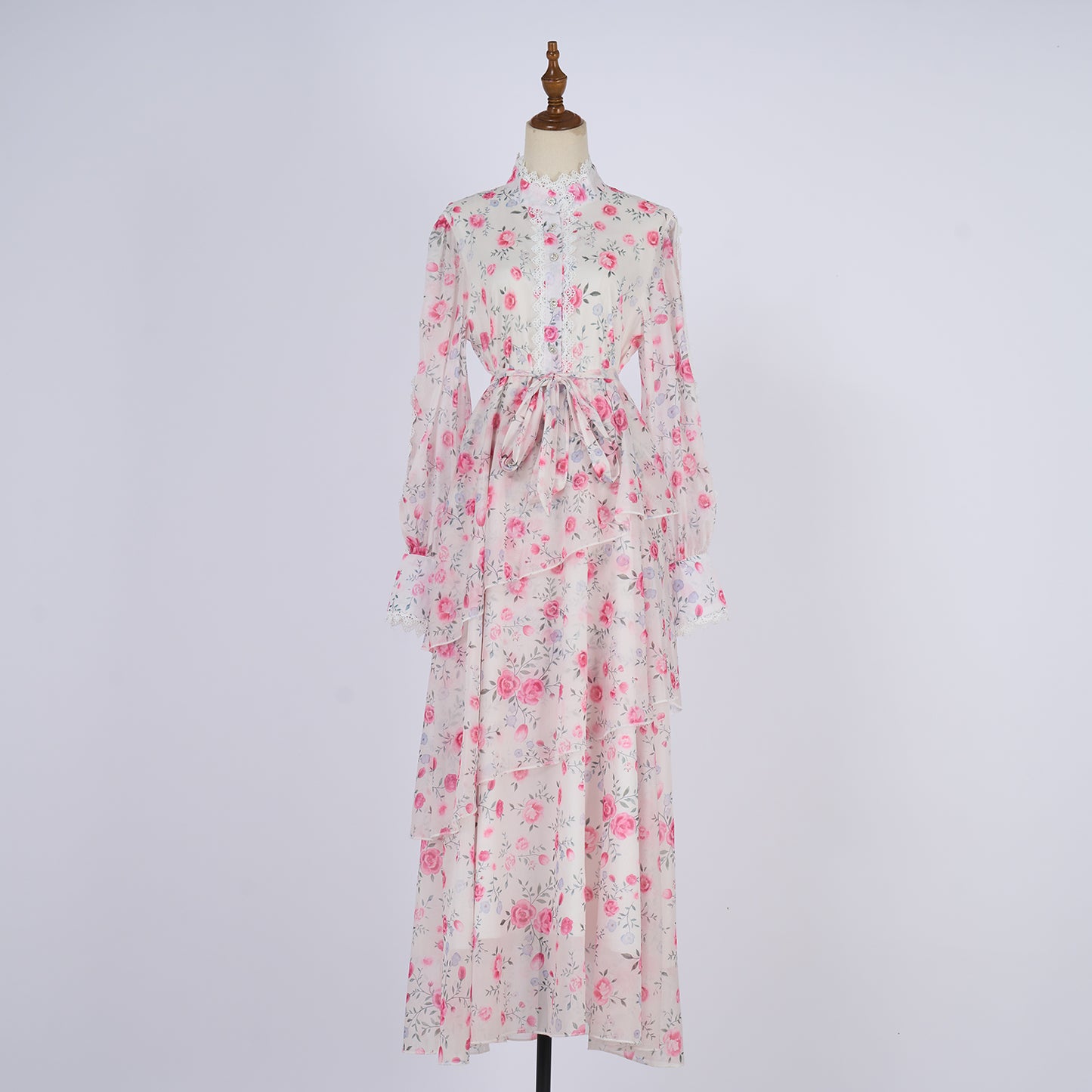 Long Sleeve Printed Buttons Of The Belt Dress