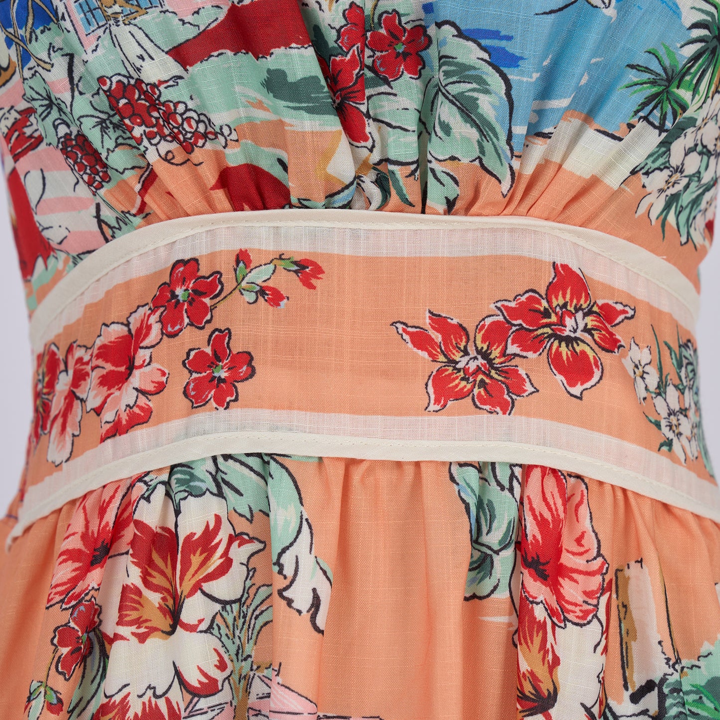 Linen Palm Tree Pattern Picnic Style Dress