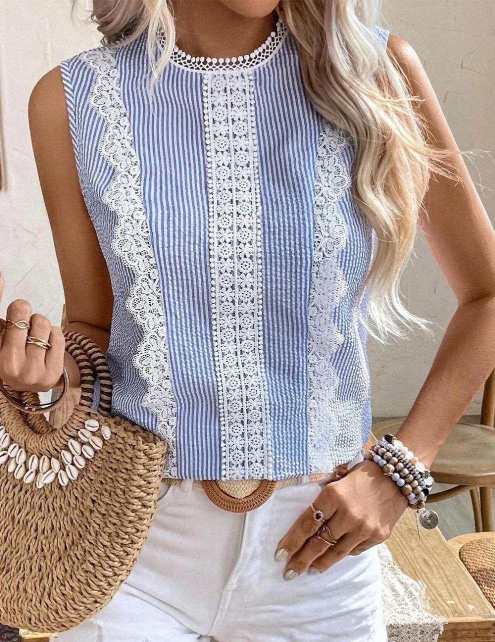 Stripe Lace Patchwork Crew Neck Sleeveless Top