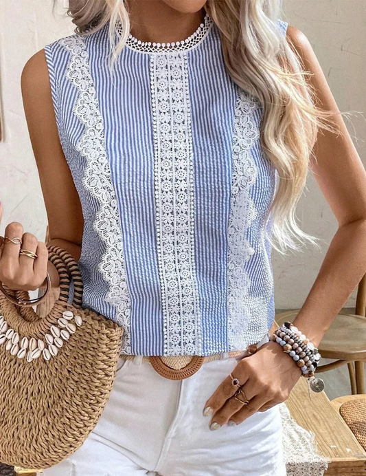 Stripe Lace Patchwork Crew Neck Sleeveless Top