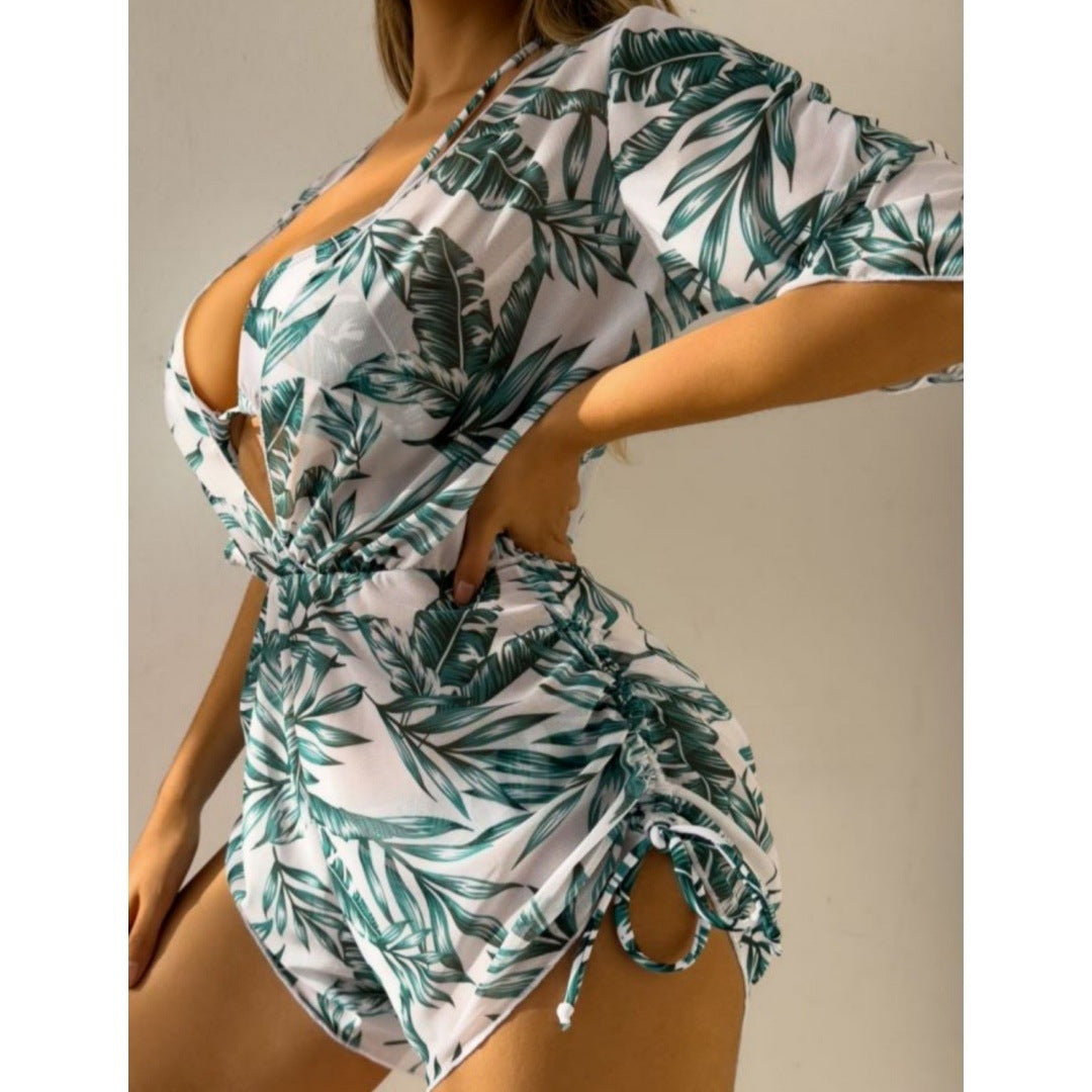 Three Piece Bikini Leaves Printed Set