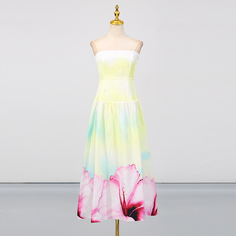 French Strapless Floral Print Pleated Dress