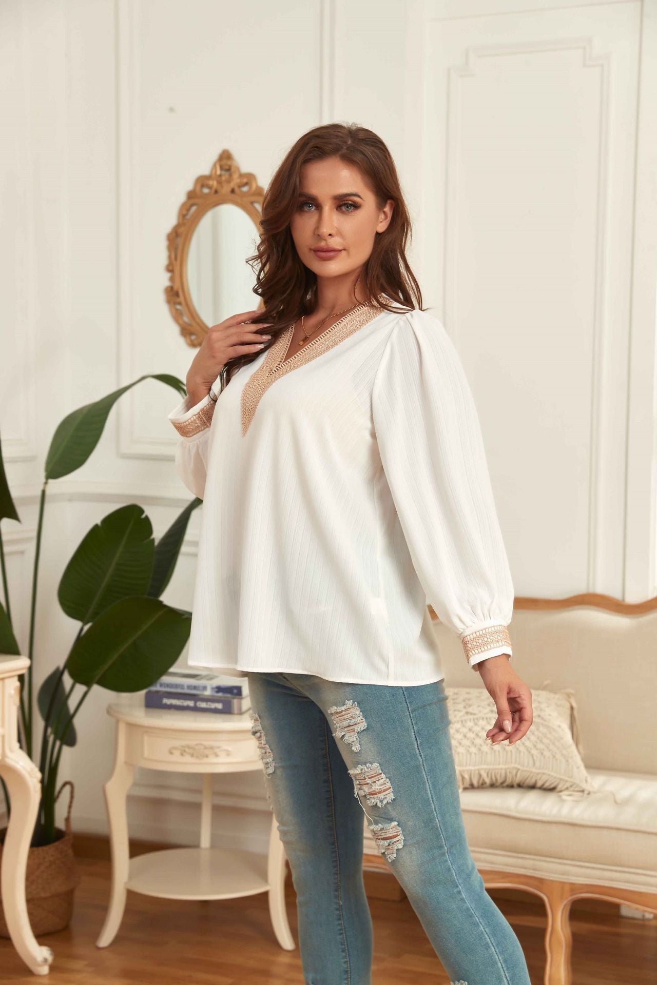 White V-neck Loose Long Sleeve Blouse