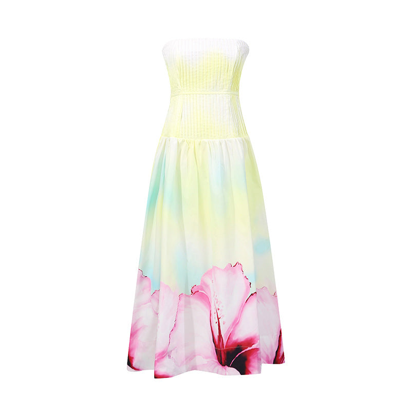French Strapless Floral Print Pleated Dress