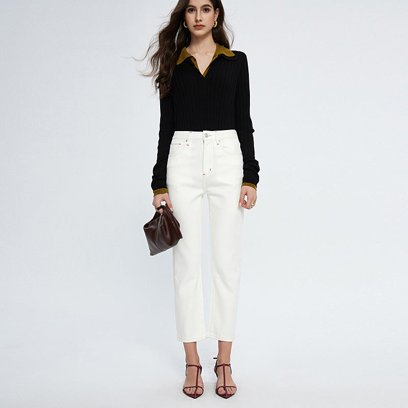 High End Red Edge White Cropped Jeans