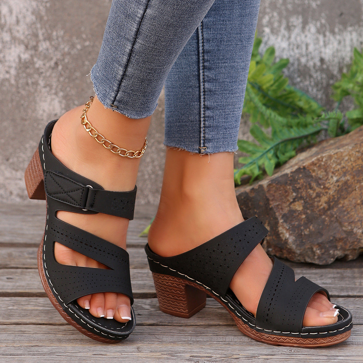 Cutout Wedge Velcro Beach Sandals