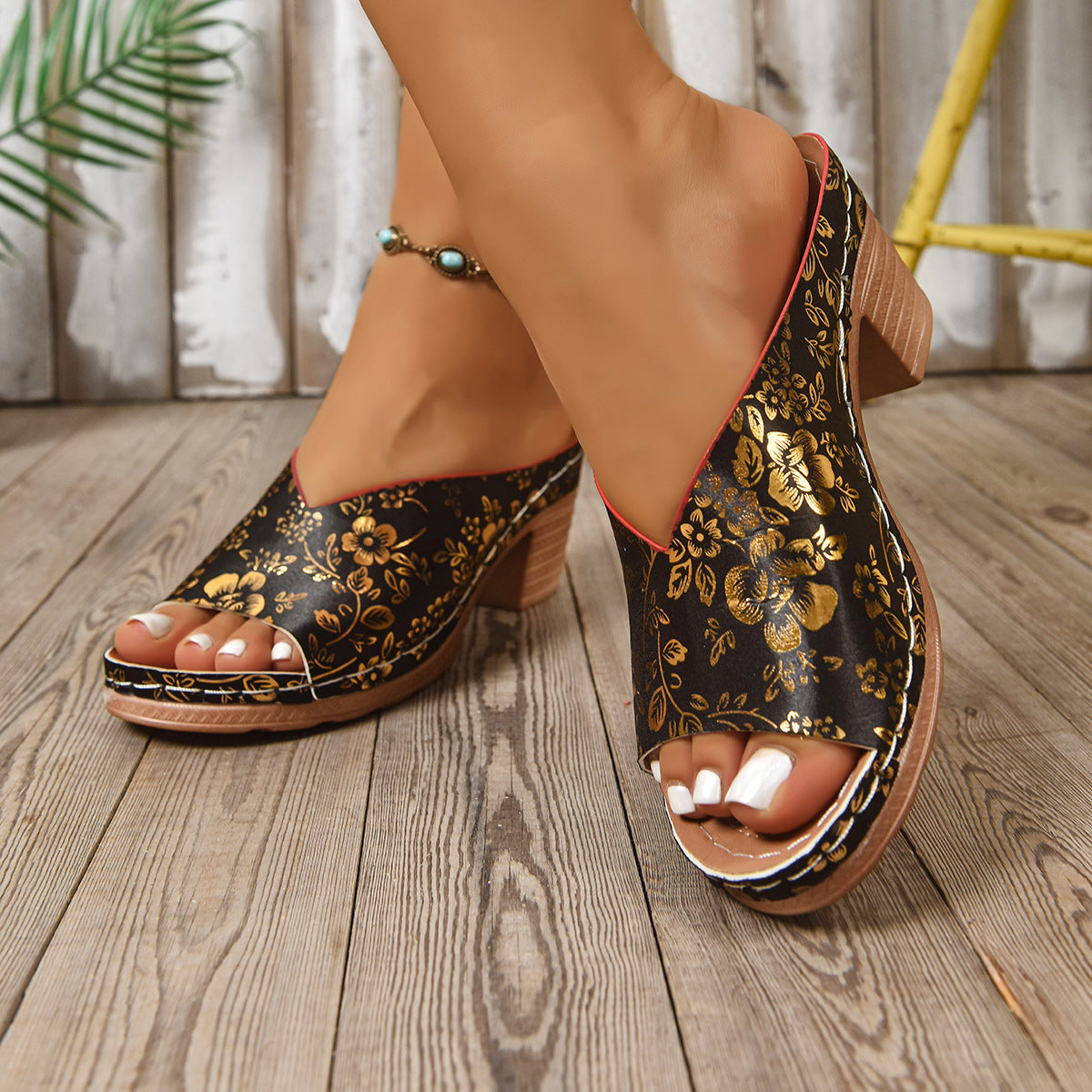 Thick Heel V Cut Peep Toe Sandals