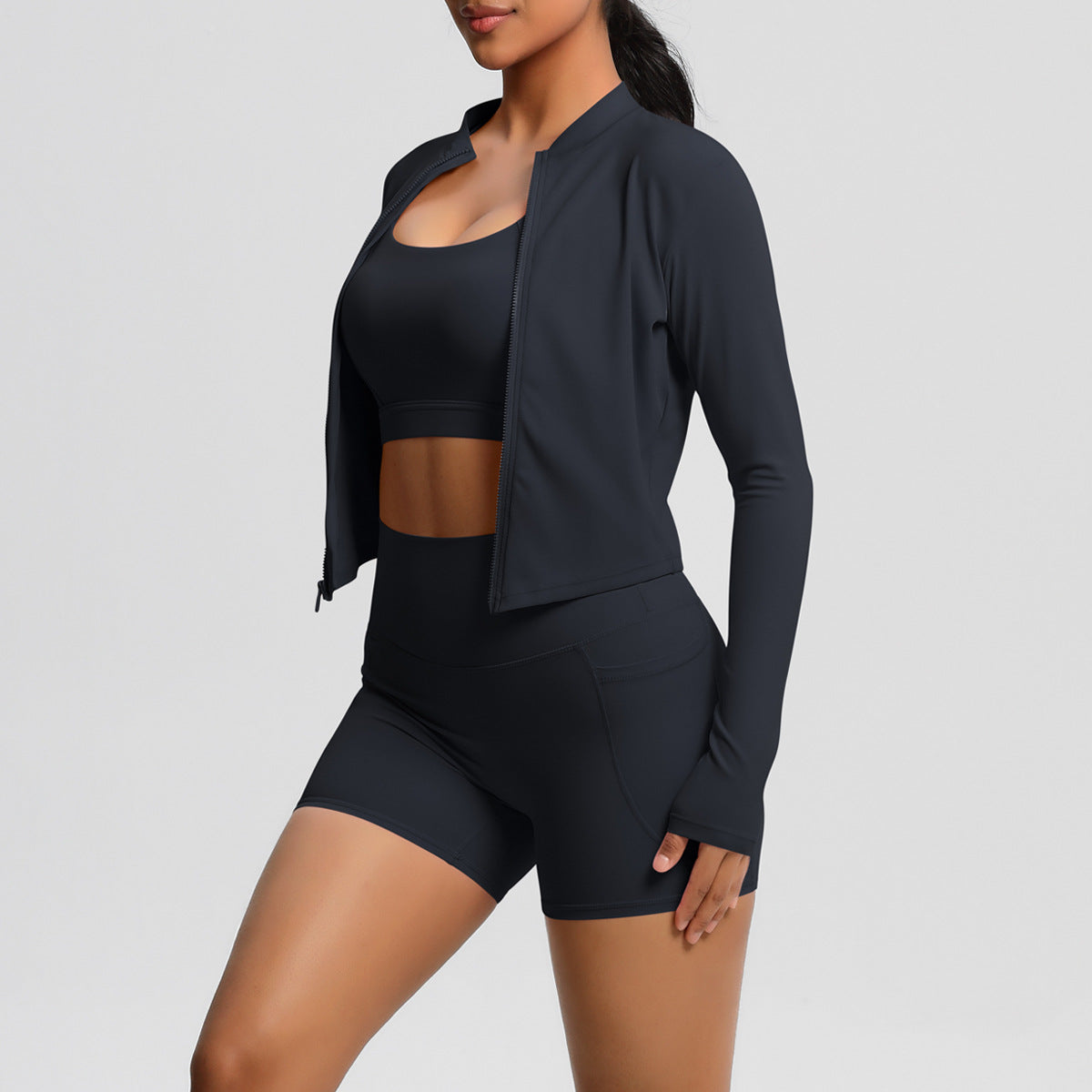 Jacket, Yoga Bra, Pocket Shorts Three Piece Set