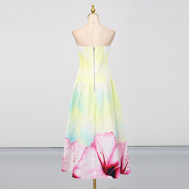French Strapless Floral Print Pleated Dress