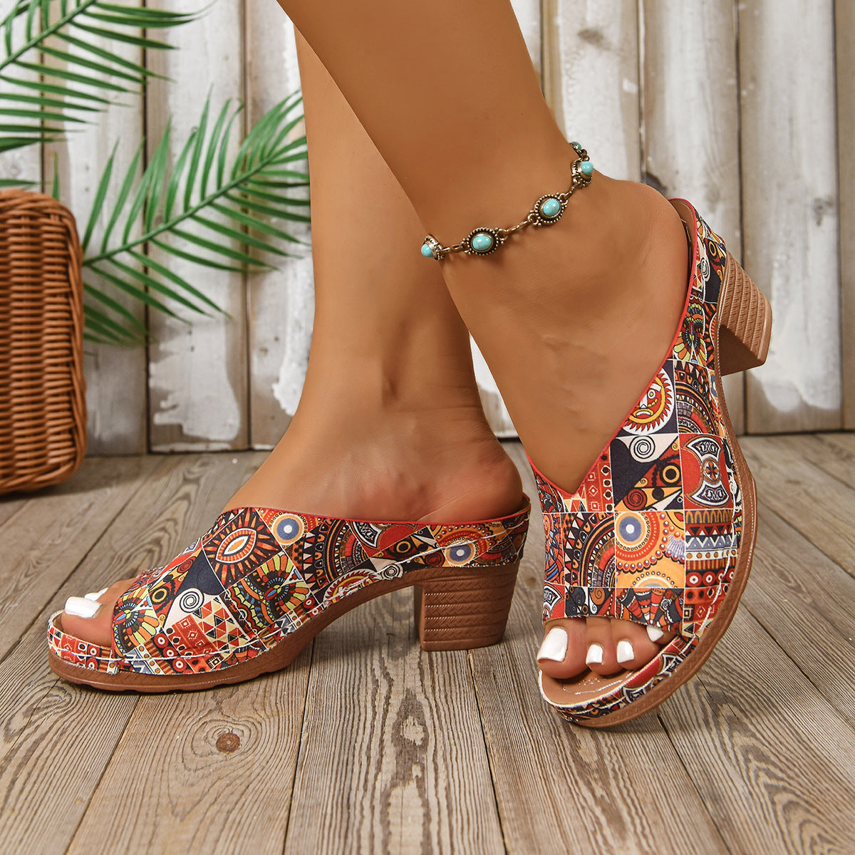 Thick Heel V Cut Peep Toe Sandals