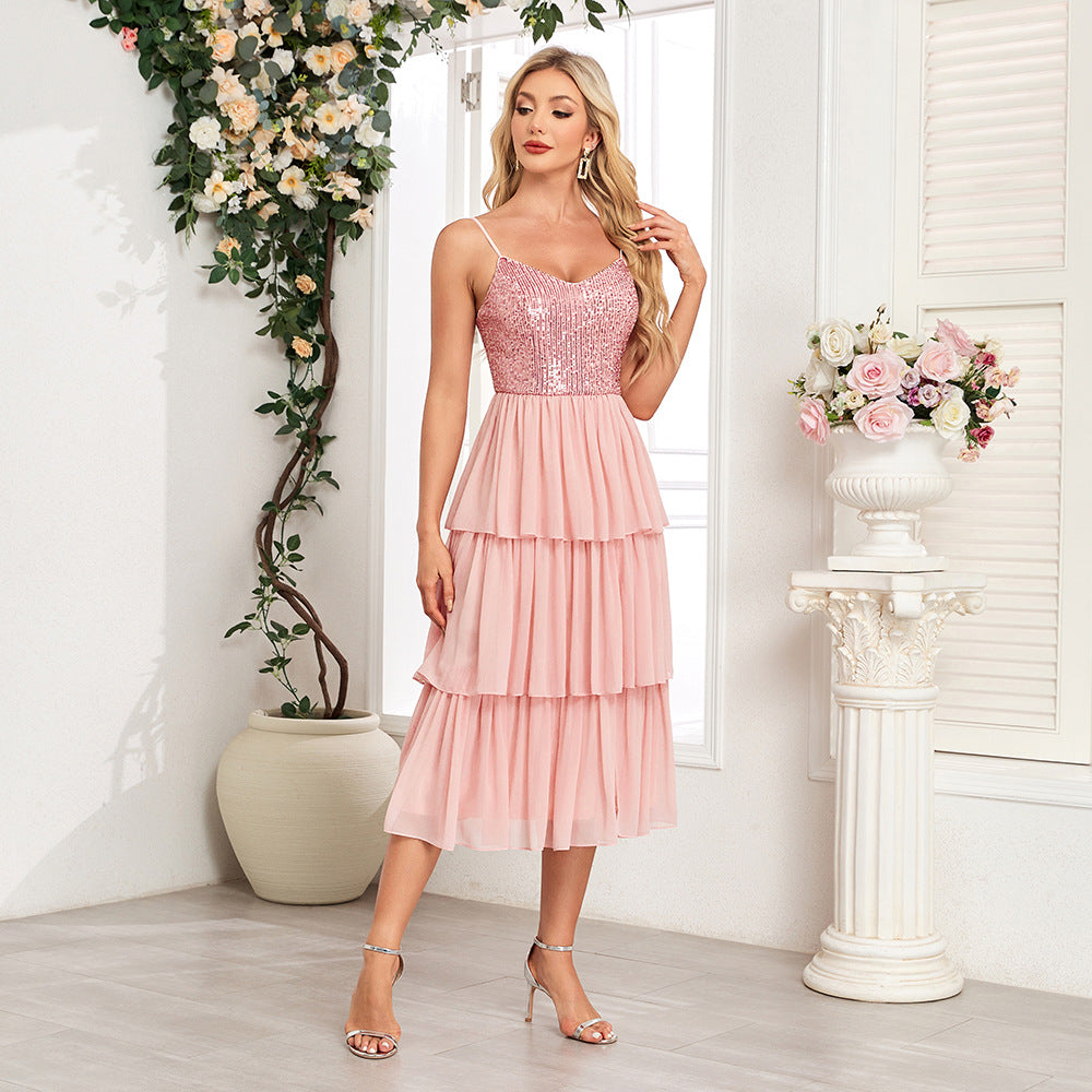 Pink Chiffon Stitching Sequined Three Layer Pleated Midi Dress Spring Summer Thin Strap Stitching Women Elegant Dress