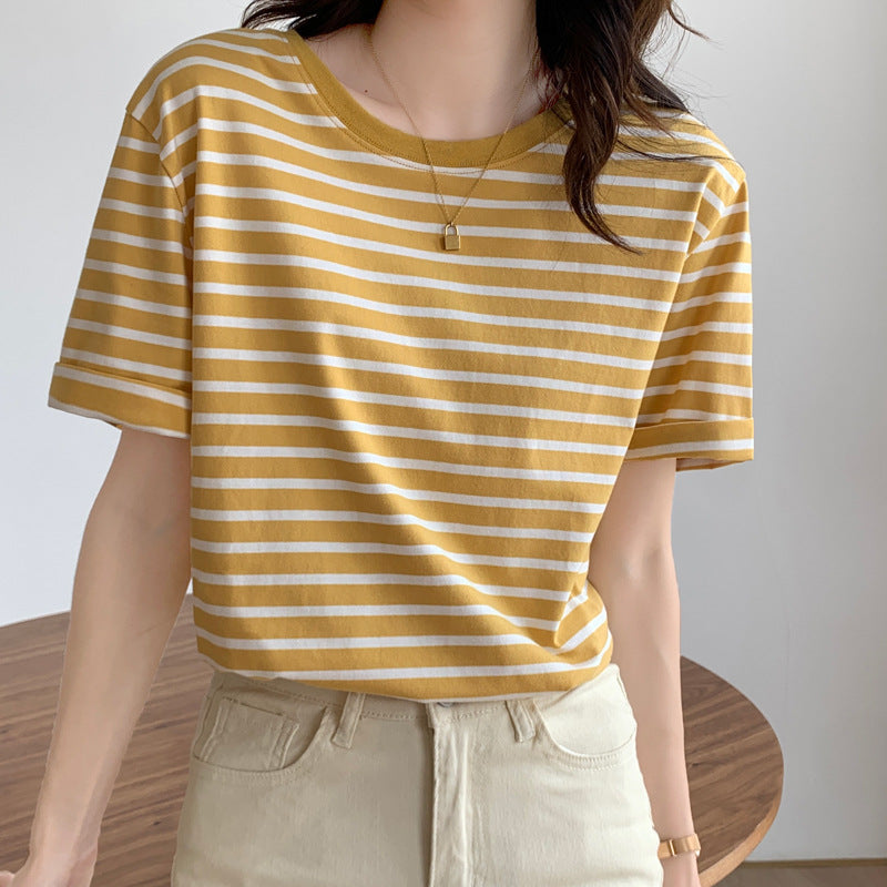 Basic Striped Cotton Short Sleeved T-shirt