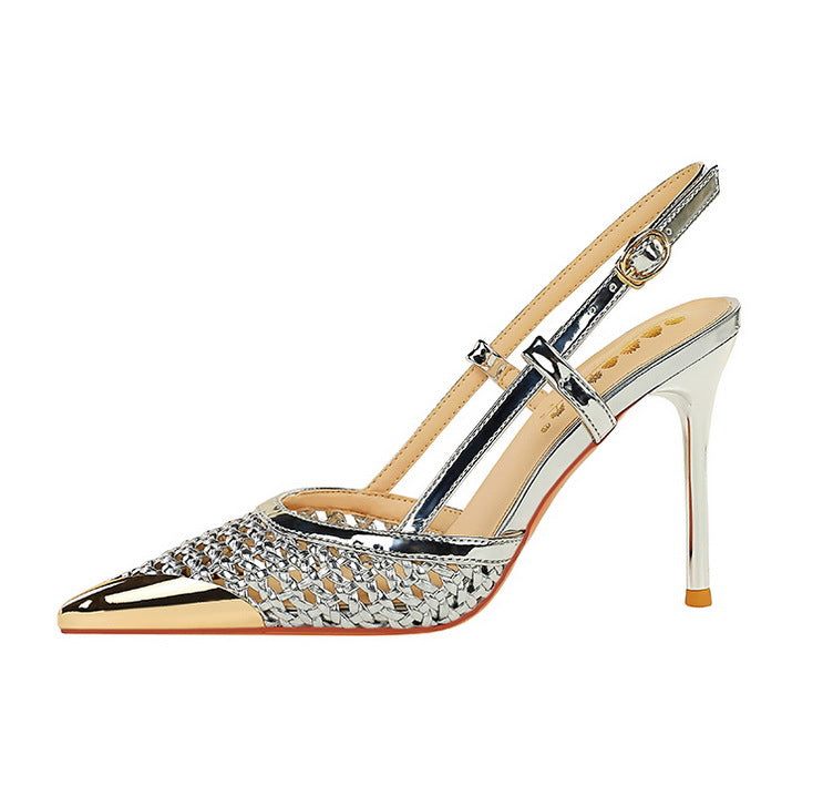 Woven Metal Pointed Toe Strap Stilettos