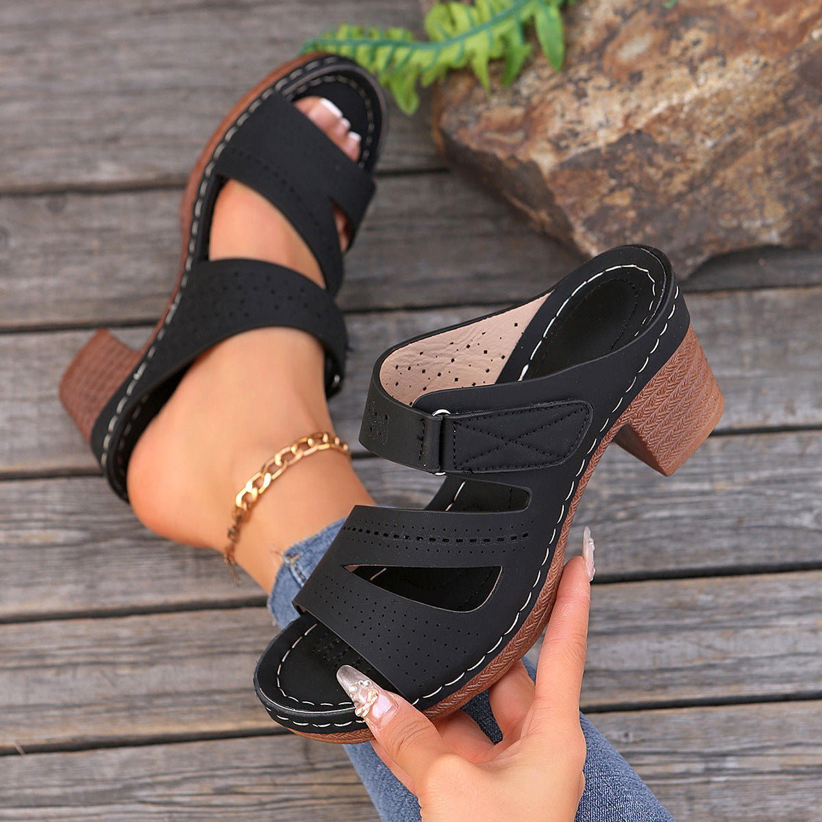 Cutout Wedge Velcro Beach Sandals