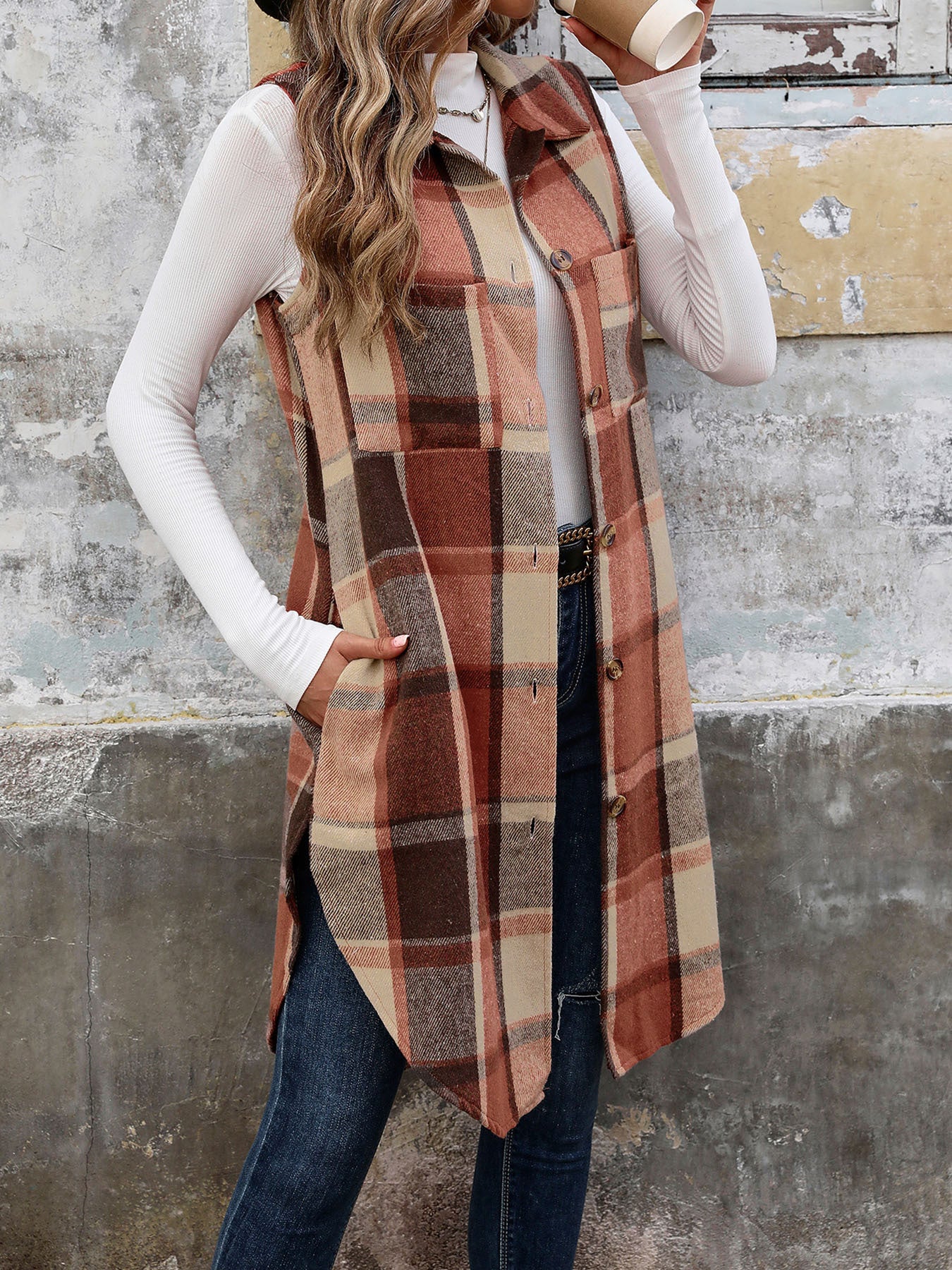 Sleeveless Collared Mid Length Plaid Vest