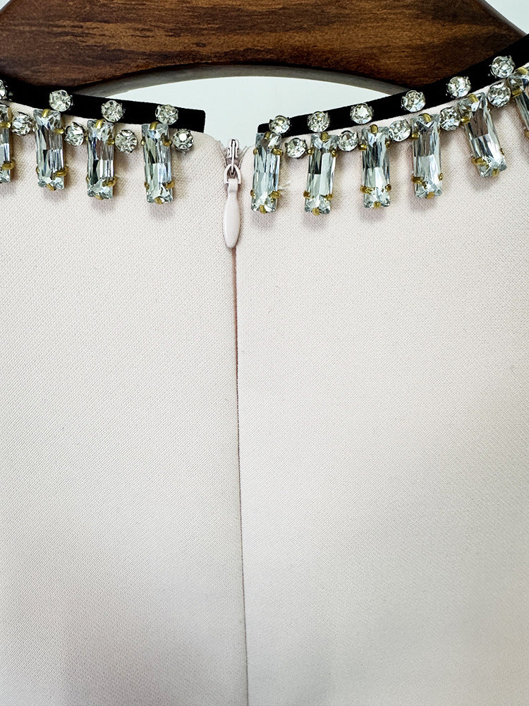 Spring Socialite Simple Graceful Diamond Beaded Color Matching Long Sleeve Dress