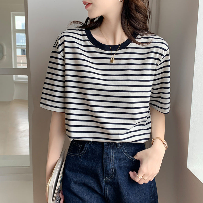 Basic Striped Cotton Short Sleeved T-shirt