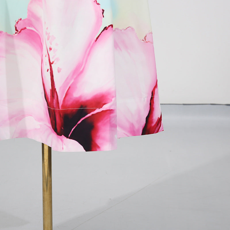 French Strapless Floral Print Pleated Dress