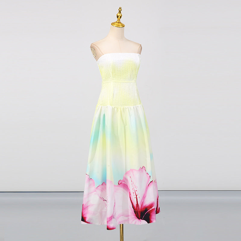 French Strapless Floral Print Pleated Dress